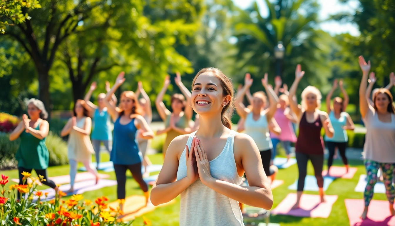 People practicing yoga in a sunlit park, promoting a Healthy Life through wellness and community.