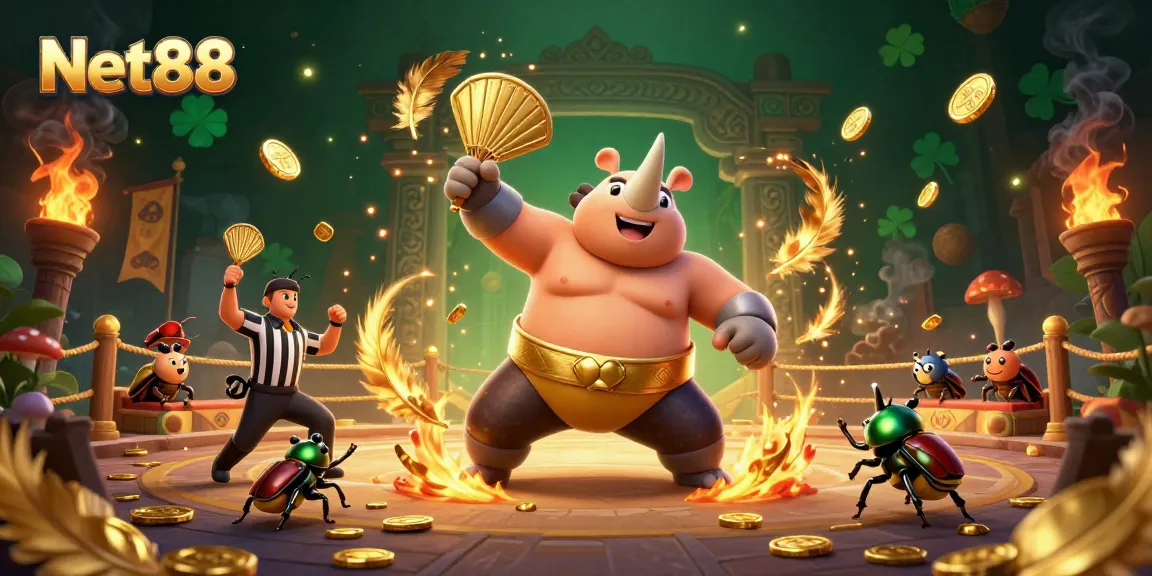 Net88 celebrates a thrilling sumo showdown with a rhinoceros beetle champion and an energetic cricket referee.