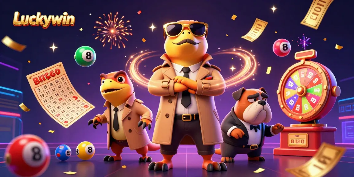 Luckywin hints at great luck as three raptors sneak into a VIP casino, lively with vibrant game elements.