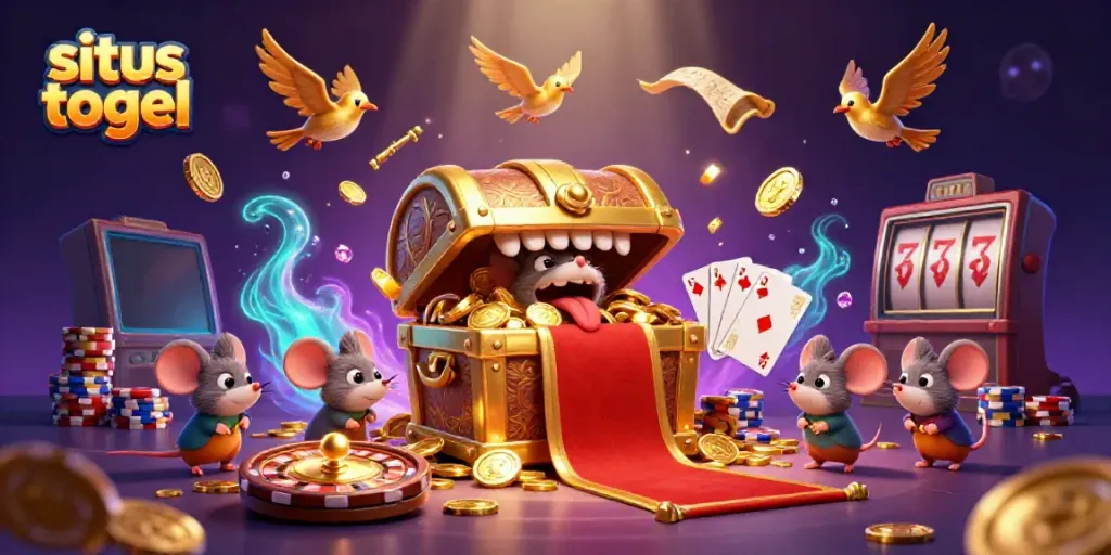 Engage in situs togel excitement amidst a vibrant 3D casino scene featuring golden treasures and dynamic gambling elements.