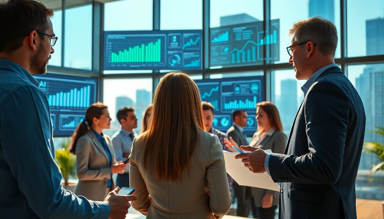 Engaging professionals strategizing on ai marketing for professional services in a modern office.