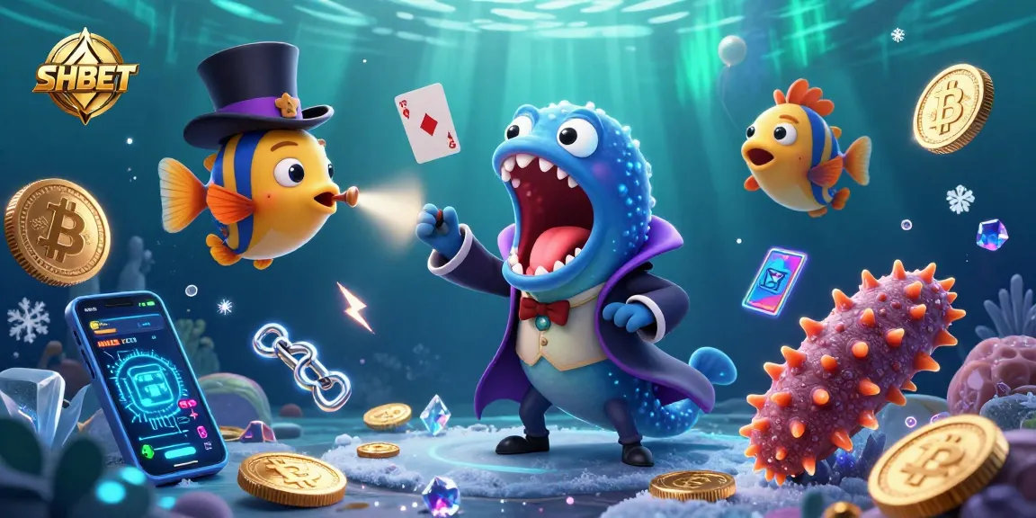 Engaging SHBET illustration showcasing a unique underwater magic act featuring a bioluminescent eel, anglerfish, and sea cucumber.