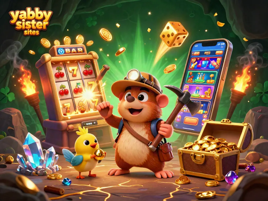 Play games at yabby sister sites featuring slots and treasures in a colorful casino scene.