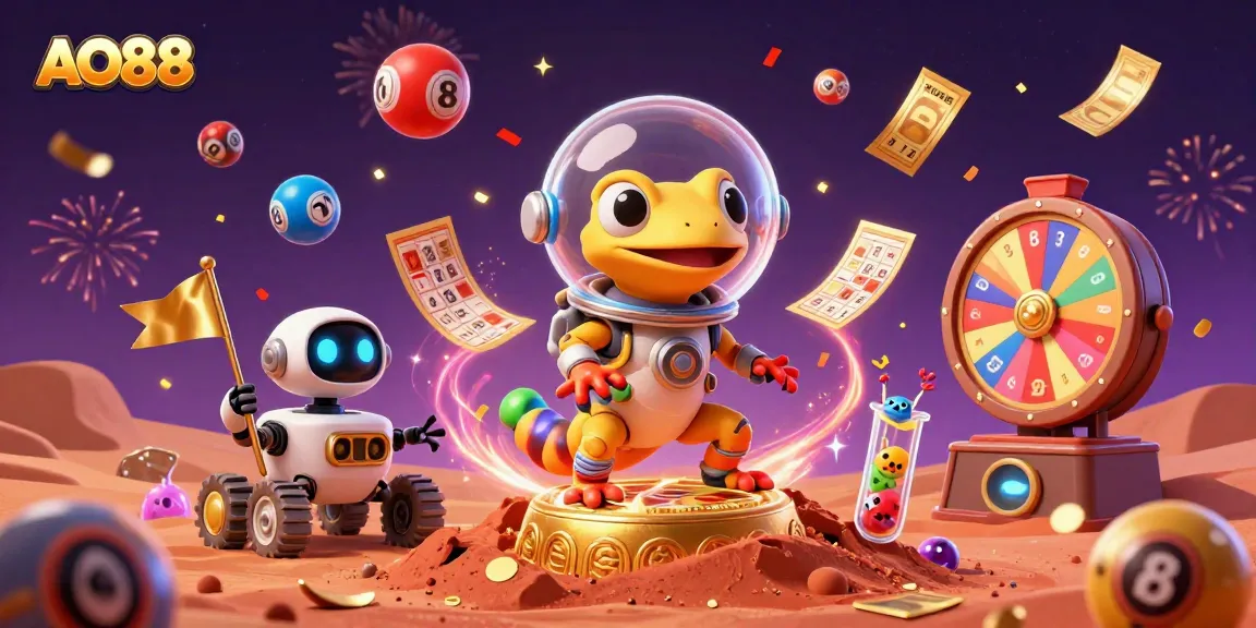 AO88 welcomes you to a vibrant casino adventure with dynamic lottery elements and cheerful Martian characters.