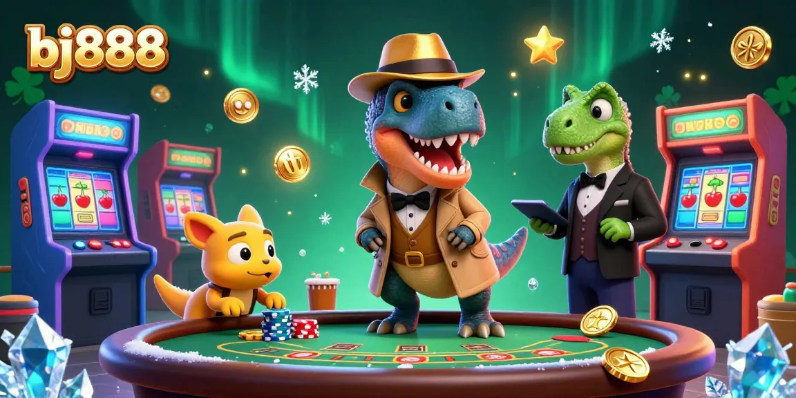 BJ888 showcases a thrilling casino scene with a velociraptor card counter and animated characters, highlighting an engaging blackjack table.