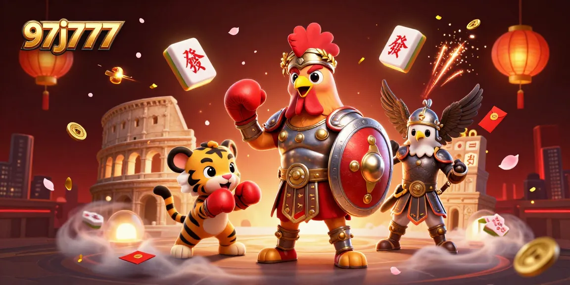 Engage with 97j777's vibrant casino scene featuring a gladiator rooster and sparring tiger cub.