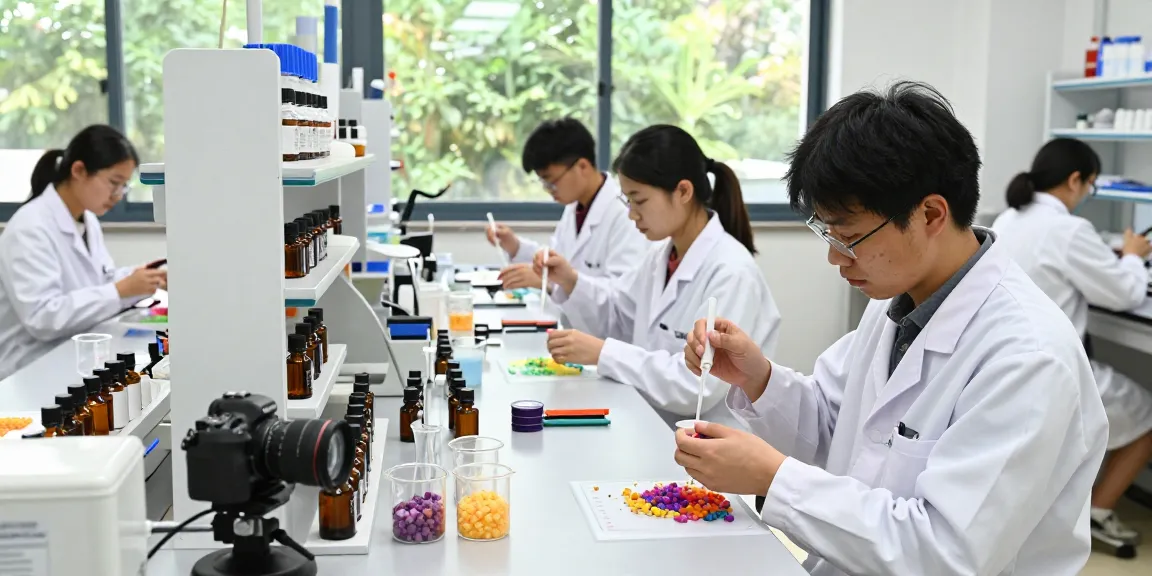 Fragrance Beads Manufacturer capturing skilled perfumers blending vibrant oils in a dynamic manufacturing lab.