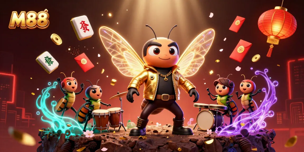 M88 showcases a vibrant casino scene with a rock star cicada, animated elements, and rich gambling visuals.