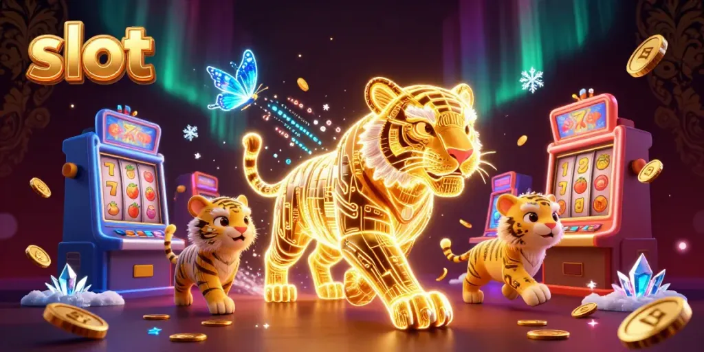Engaging slot machine illustration with a golden tiger and holographic butterflies, showcasing vibrant casino elements.