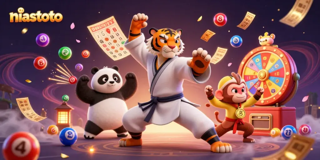 Engage in vibrant niastoto lottery excitement with cartoon characters amidst colorful game elements.