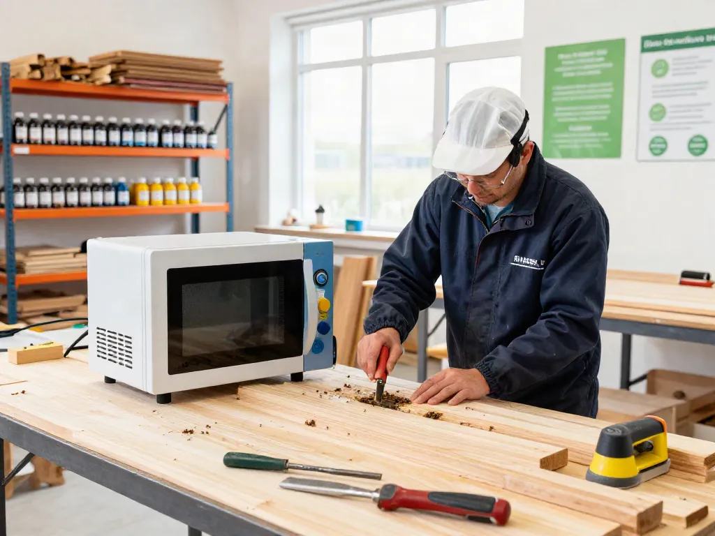 Technician using SHASHEL® microwave device for chemical-free wood treatment in a modern workshop.