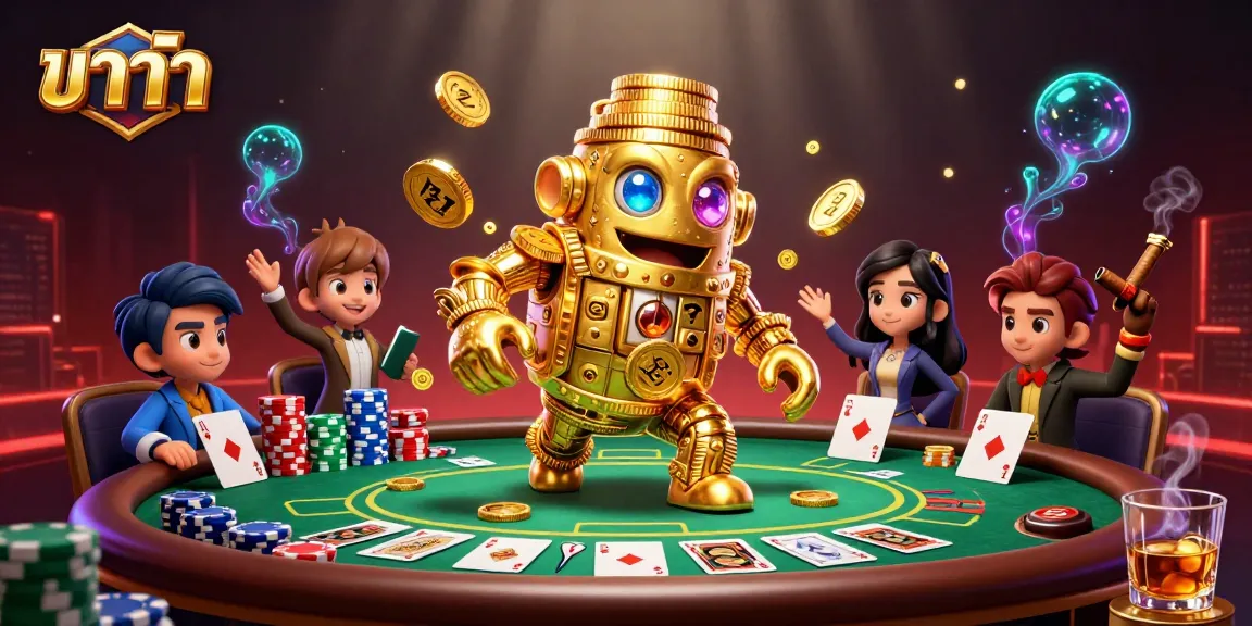 Experience the excitement of บาคาร่า with our dynamic 3D illustration featuring a golden golem amidst poker action.