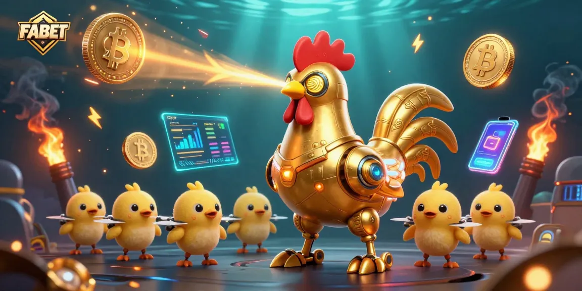 Experience thrilling gaming at FABET with a dynamic scene featuring a futuristic rooster robot and cryptocurrency elements.