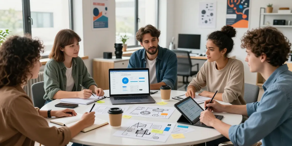 Build internal tools with AI in a collaborative workspace scene with diverse professionals brainstorming and designing innovative solutions.