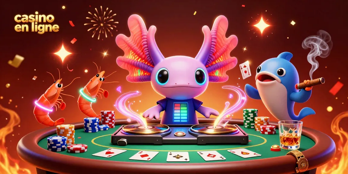 Jouer au casino en ligne avec des personnages animés dans une ambiance festive, des jetons et des cartes autour.