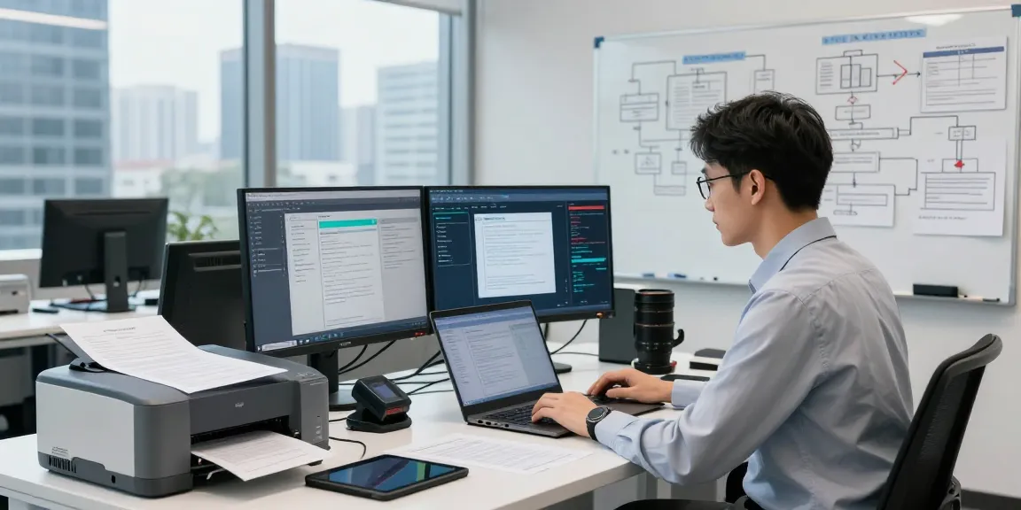 Advanced document fraud detection analysis in a high-tech office setting with AI algorithms at work.