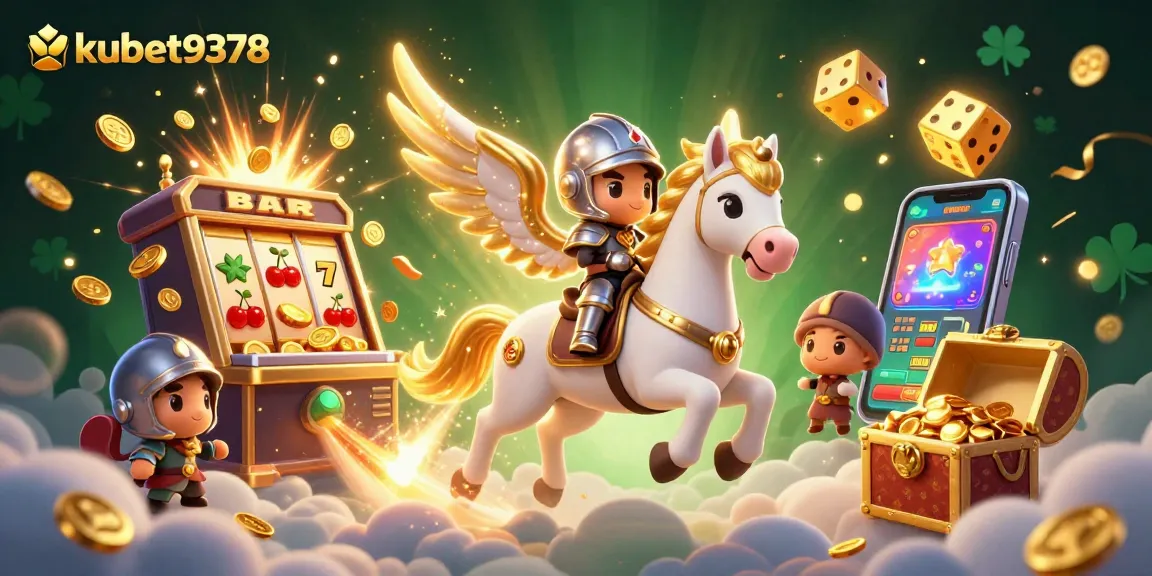 Experience the thrill of kubet9378 with a celestial horse and jackpot excitement in a vibrant casino scene.