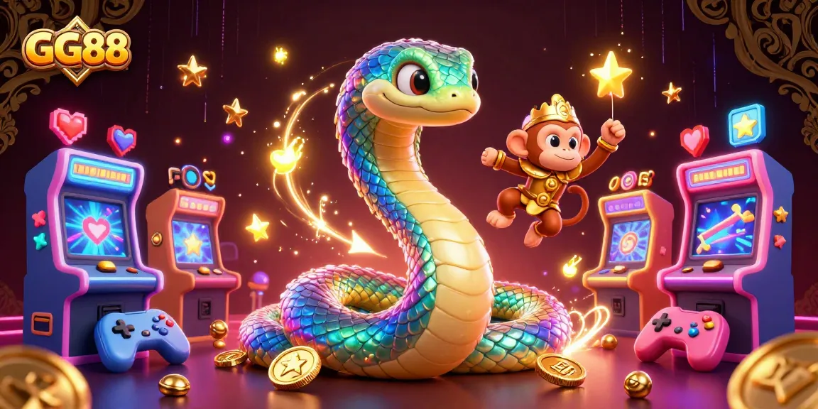 Experience the vibrant energy of GG88 with an enchanting gaming scene featuring a playful monkey king and a rainbow serpent.