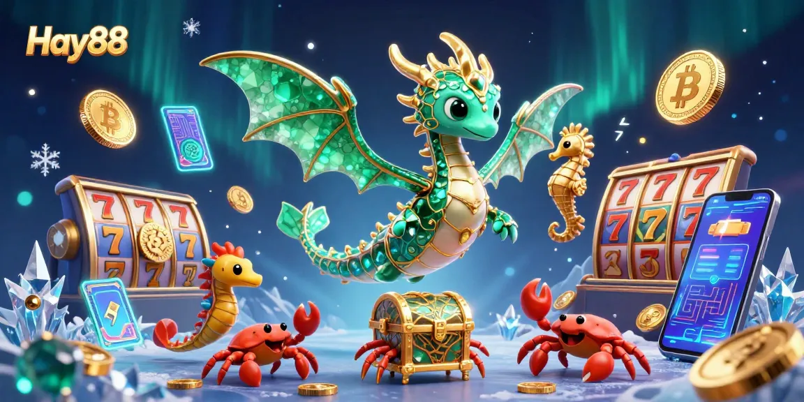Experience excitement with Hay88's vibrant treasure scene featuring a sea dragon, crypto coins, and jackpot elements.