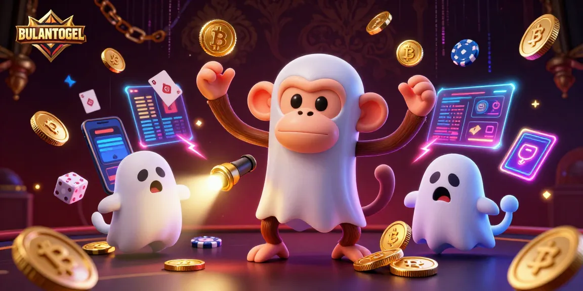 BULANTOGEL showcases a playful poltergeist monkey and a curious puppy in a haunted casino environment filled with neon crypto elements.