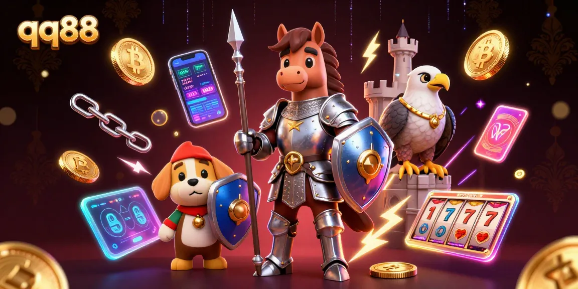Engage with qq88's vibrant casino experience showcasing exciting slot reels and crypto elements.