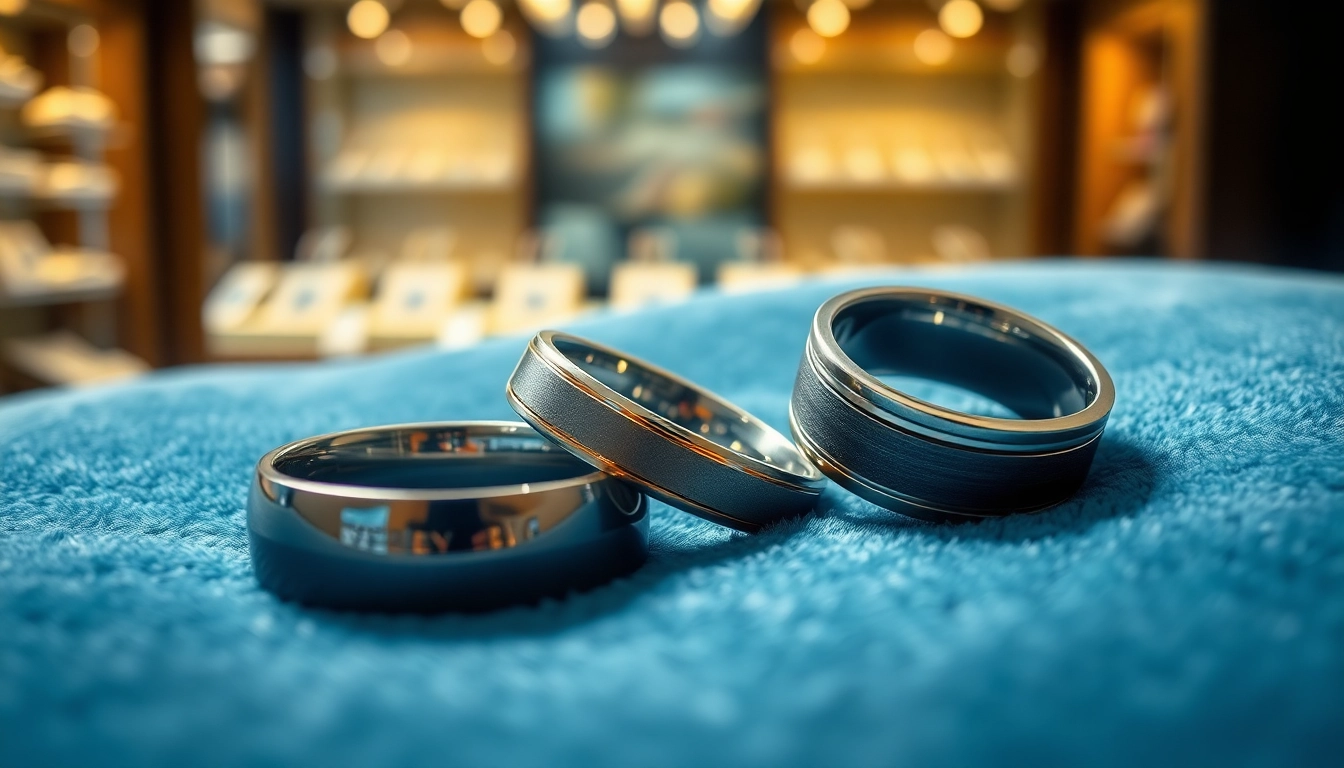 Showcasing stylish tungsten metal rings reflecting light on a velvet surface.