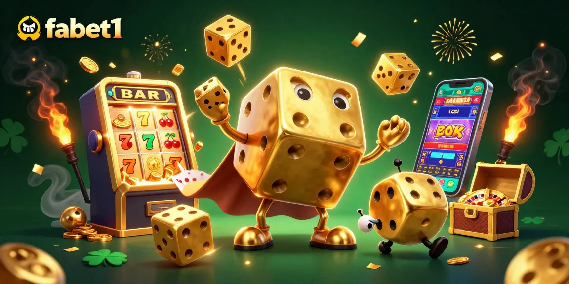 Join the excitement at fabet1 with a dazzling scene of dice, coins, and casino elements!