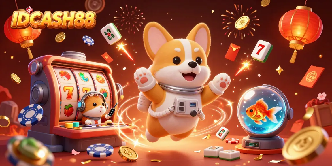 IDCASH88 presents a vibrant casino adventure with a floating corgi, lucky symbols, and sparkling elements in a rich atmosphere.