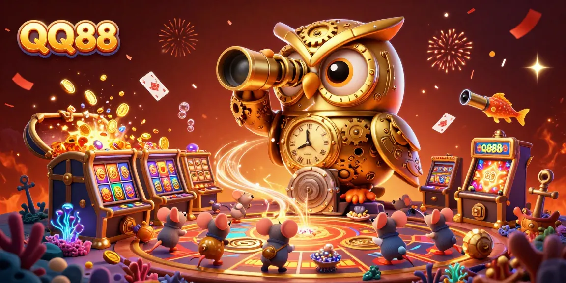 Engage with QQ88 through this immersive 3D casino illustration featuring a vibrant owl and dynamic game elements.