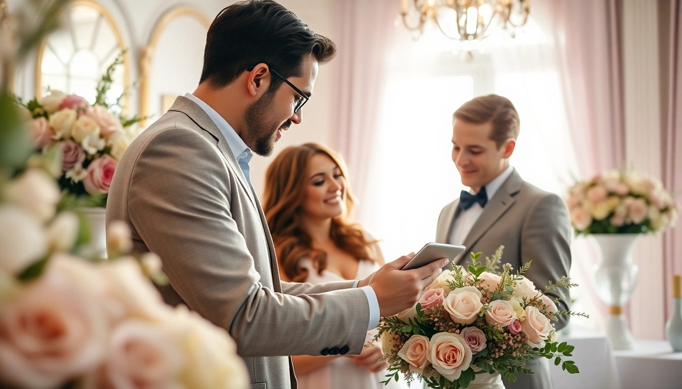 dc wedding planner assisting a couple with wedding arrangements in a beautifully decorated setting.