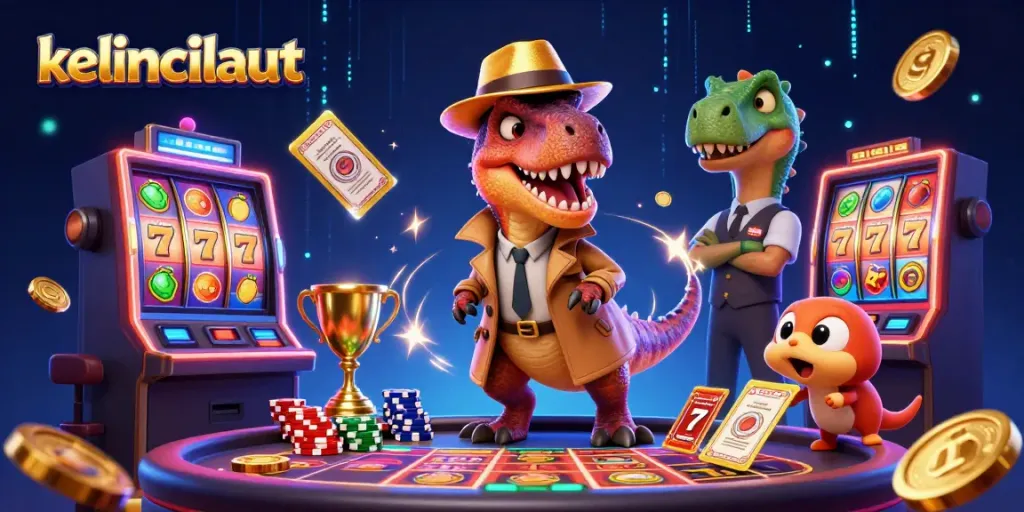 kelincilaut showcases a velociraptor at a slot machine, surrounded by gold coins and colorful reels.