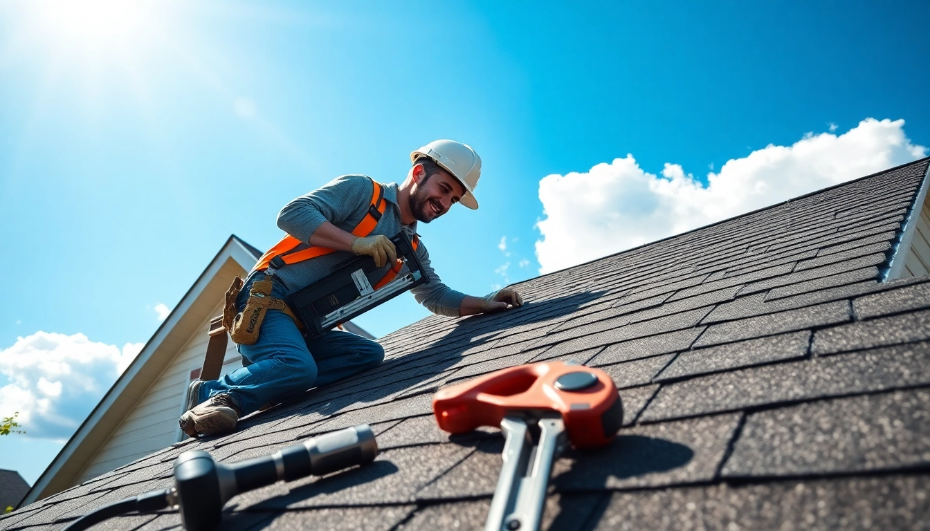 Experienced twinsburg oh roofing company contractor installing shingles with safety gear.