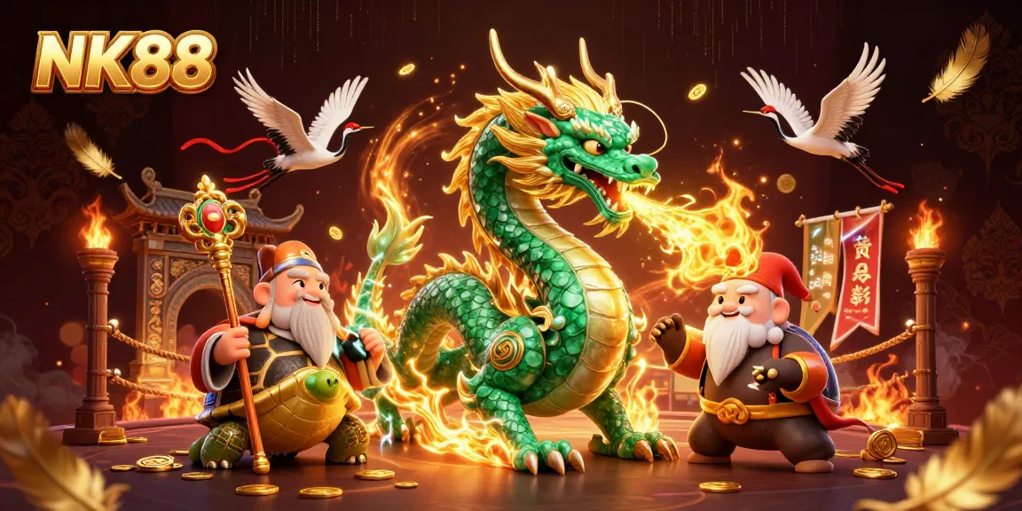 Engage in thrilling gameplay with NK88 featuring a jade dragon, lucky cranes, and rich casino elements.