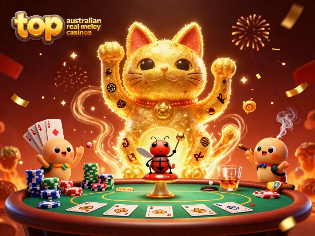 Experience excitement at top australian real money casinos with a vibrant 3D illustration of a lucky cat and poker elements.