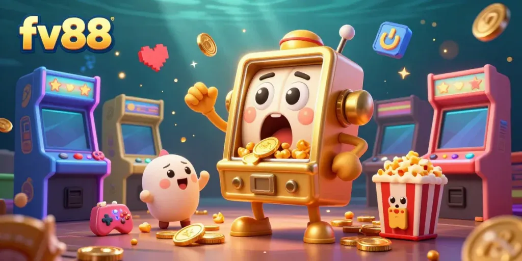 Experience the excitement of winning at fv88 with a golden slot machine celebrating its jackpot victory along with cheering baby slot machines.