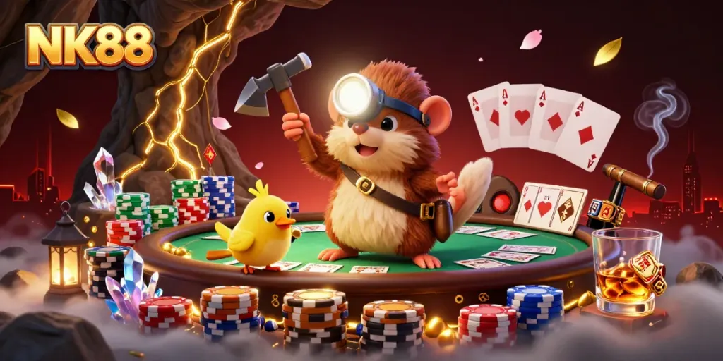 Experience thrilling gameplay with NK88's exciting casino elements featuring a treasure hunter and poker action.