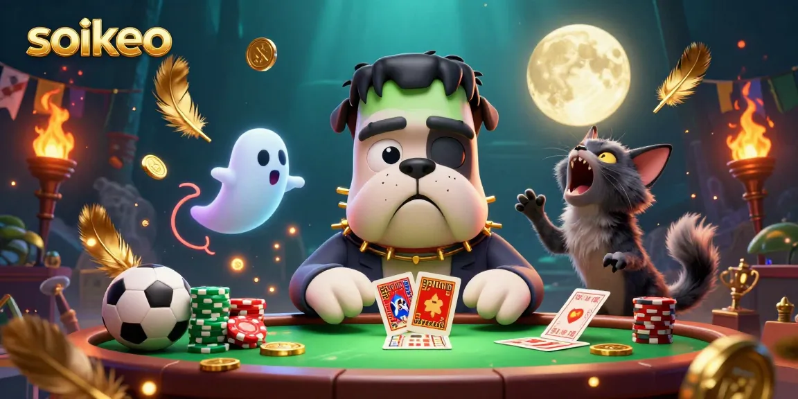 Win big with soikeo: 3D cartoon scene featuring a Frankenstein bulldog monster dealing cards in a spooky atmosphere.