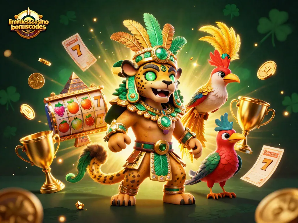 Engage with limitlesscasinobonuscodes featuring enchanting Mayan priest character beside dynamic slot reels in this vibrant gaming art.