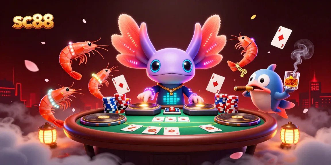 Experience sc88 gaming with vibrant axolotl DJ spinning poker excitement in a dynamic underwater casino scene.