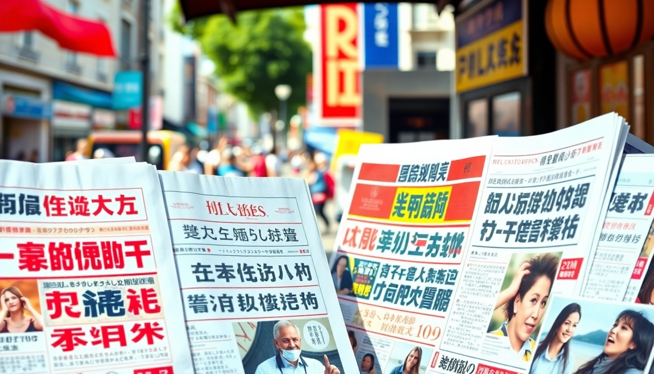 Highlight current Newspaper Headlines with vibrant displays from an urban newspaper stand.