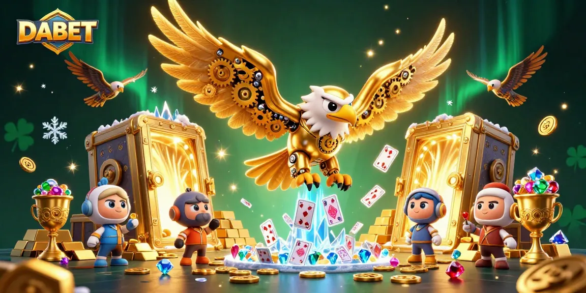 DABET showcases a vibrant 3D casino scene with a golden eagle diving through playing cards and sparkling treasures.