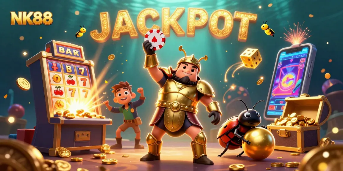 Experience the thrill of NK88 with a victorious beetle celebrating jackpot wins amidst casino excitement.