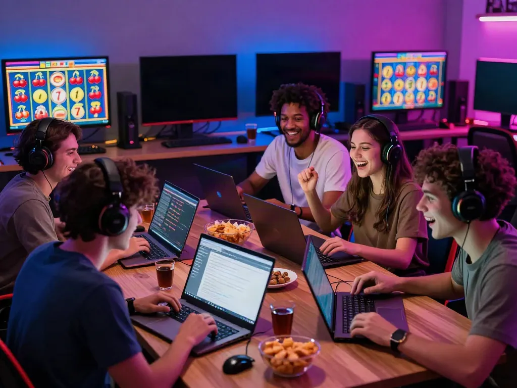 Friends enjoying situs slot gacor gaming night with snacks and devices