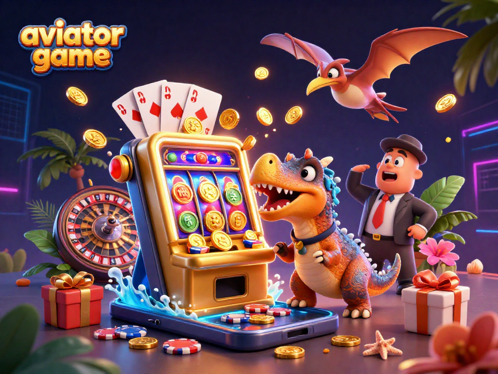 Aviator game features a dinosaur winning coins from a slot machine in an exciting casino scene.