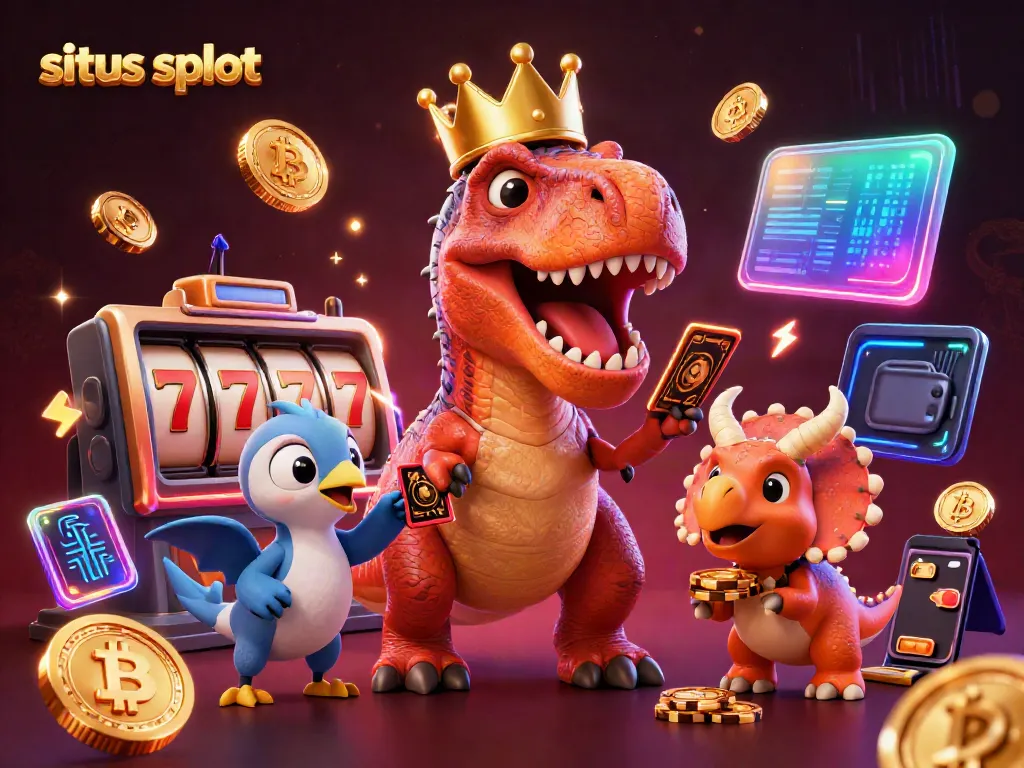 Permainan situs slot dengan T-Rex bertutup mahkota, pterodactyl, dan triceratops yang mengumpulkan chip emas.
