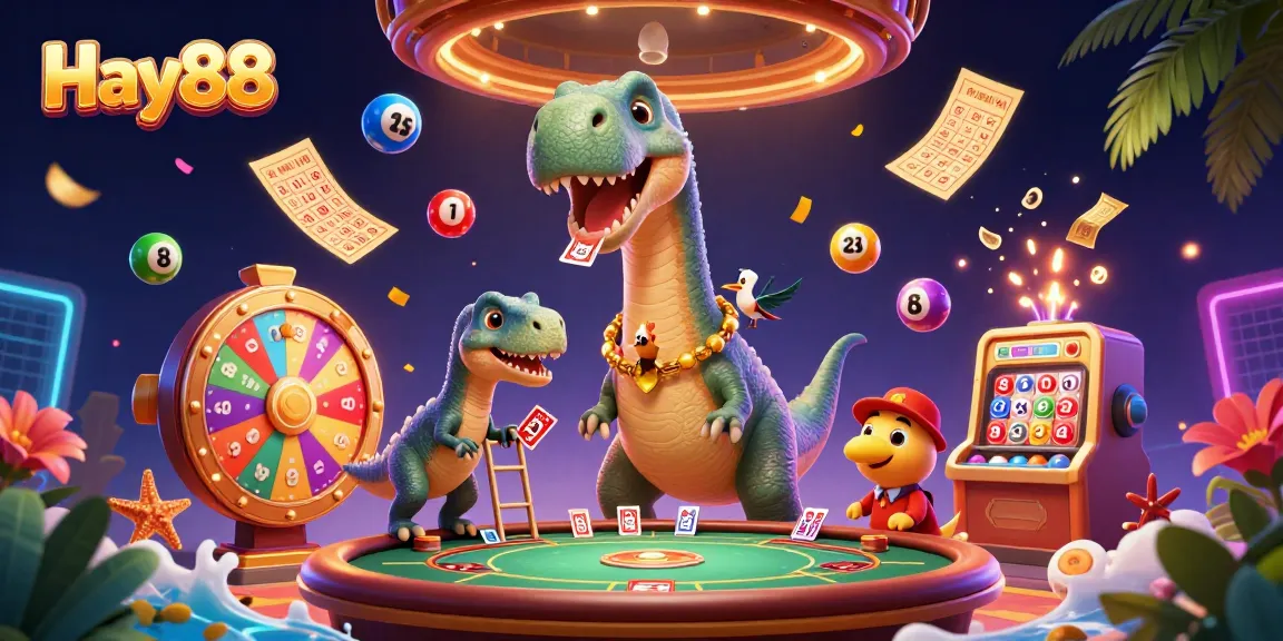 Join the gaming fun at Hay88 with a brontosaurus at the casino, where vibrant lottery elements come alive!