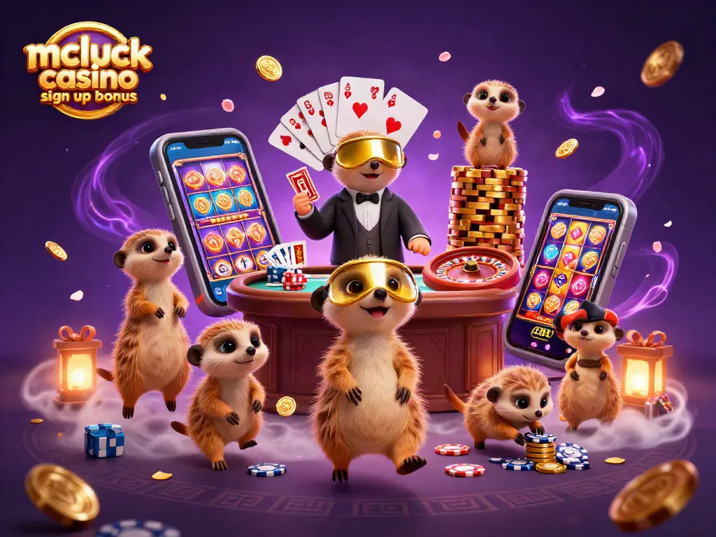 Experience the mcluck casino sign up bonus with cartoon meerkats managing a vibrant casino scene.