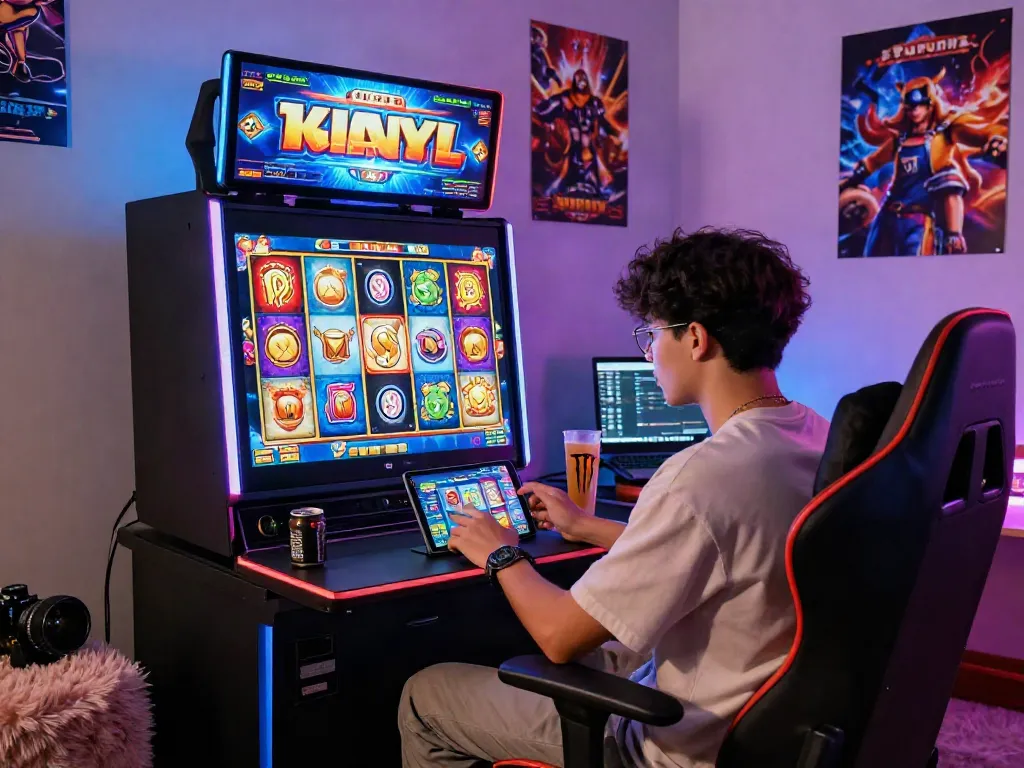 Pemain menggunakan apk slot di perangkat mobile dengan suasana gaming yang cerah dan hidup.