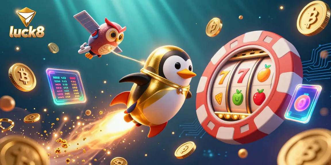 Experience exciting wins at luck8 with a dynamic 3D scene of a golden penguin and casino elements.