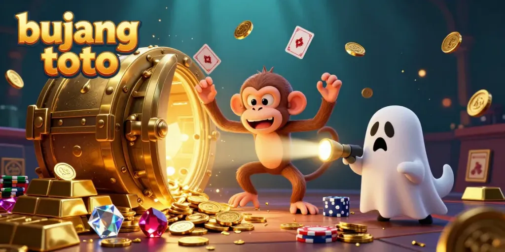 Engage with the mystical allure of bujang toto as a playful poltergeist monkey juggles golden treasures in an enchanting casino scene.